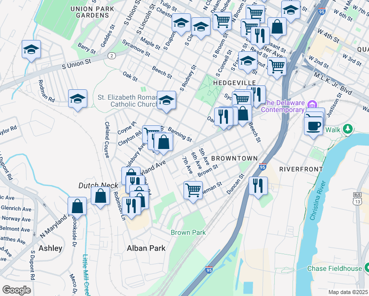 map of restaurants, bars, coffee shops, grocery stores, and more near 1319 Maryland Avenue in Wilmington