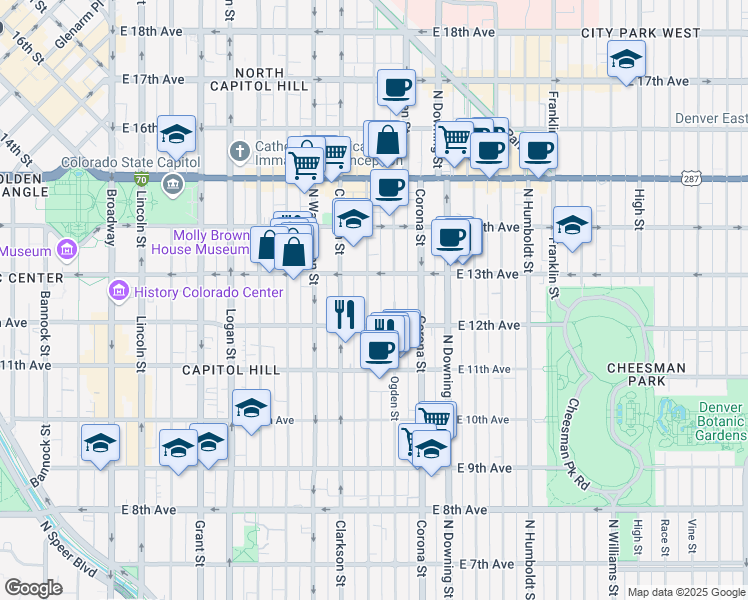 map of restaurants, bars, coffee shops, grocery stores, and more near 1244 Emerson Street in Denver