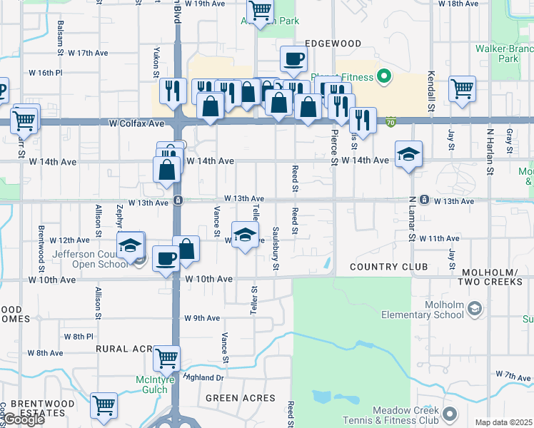 map of restaurants, bars, coffee shops, grocery stores, and more near 7100 West 13th Avenue in Lakewood