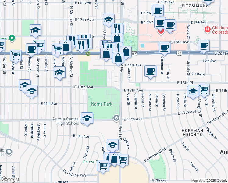 map of restaurants, bars, coffee shops, grocery stores, and more near 12001 East 13th Avenue in Aurora