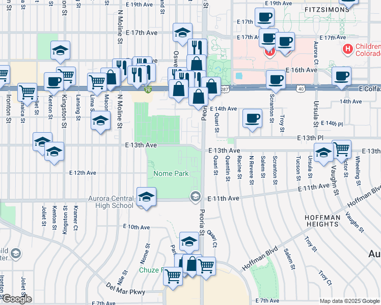map of restaurants, bars, coffee shops, grocery stores, and more near 12001 East 13th Avenue in Aurora
