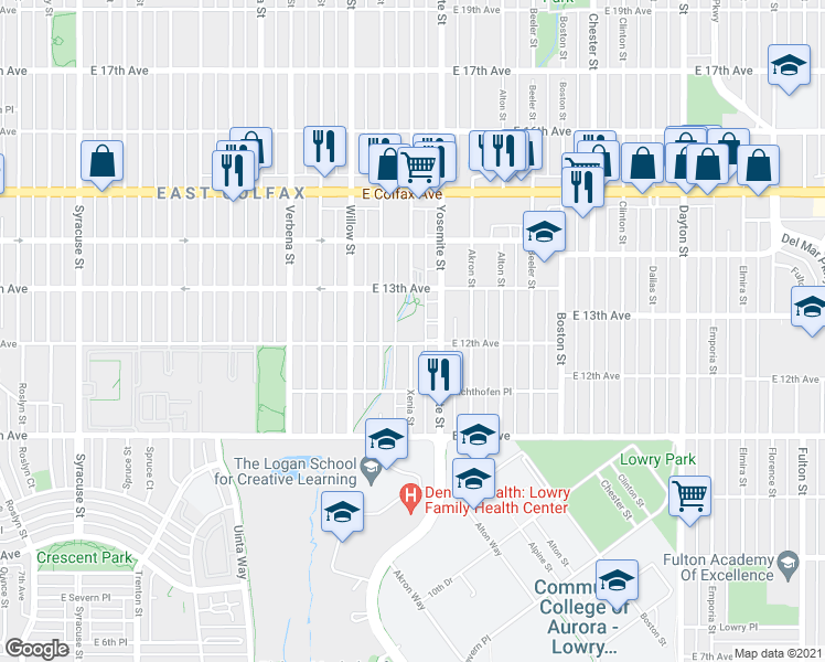 map of restaurants, bars, coffee shops, grocery stores, and more near 1200 Xenia Street in Denver