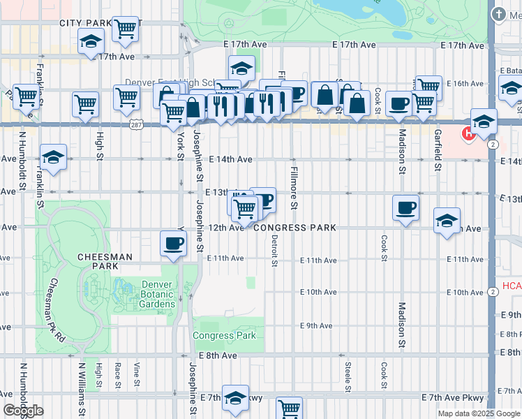 map of restaurants, bars, coffee shops, grocery stores, and more near 1280 Clayton Street in Denver
