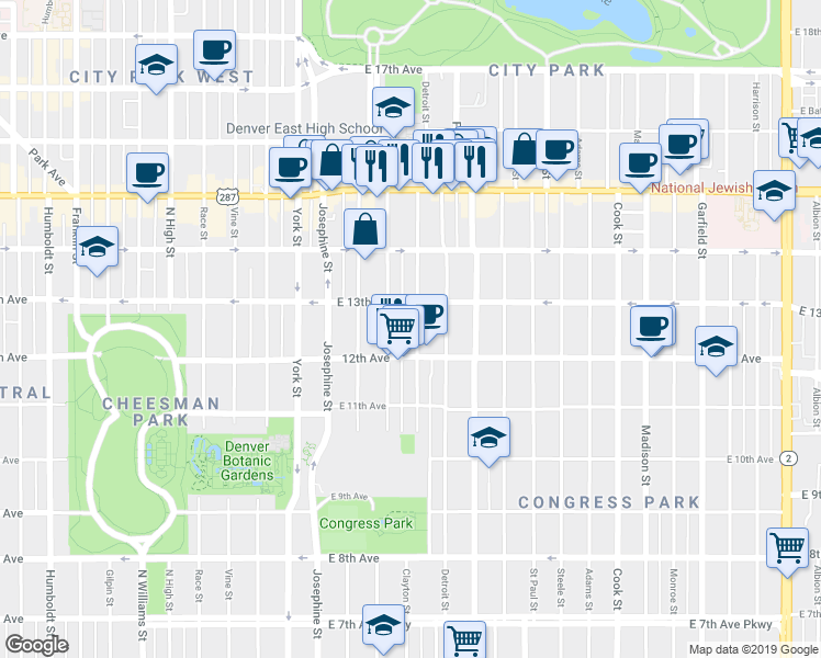 map of restaurants, bars, coffee shops, grocery stores, and more near 1280 Clayton Street in Denver