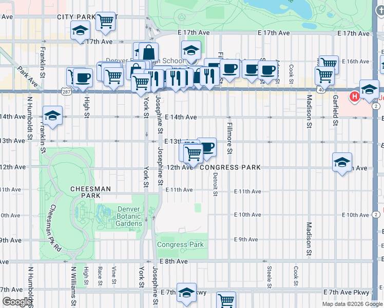 map of restaurants, bars, coffee shops, grocery stores, and more near 1265 Elizabeth Street in Denver