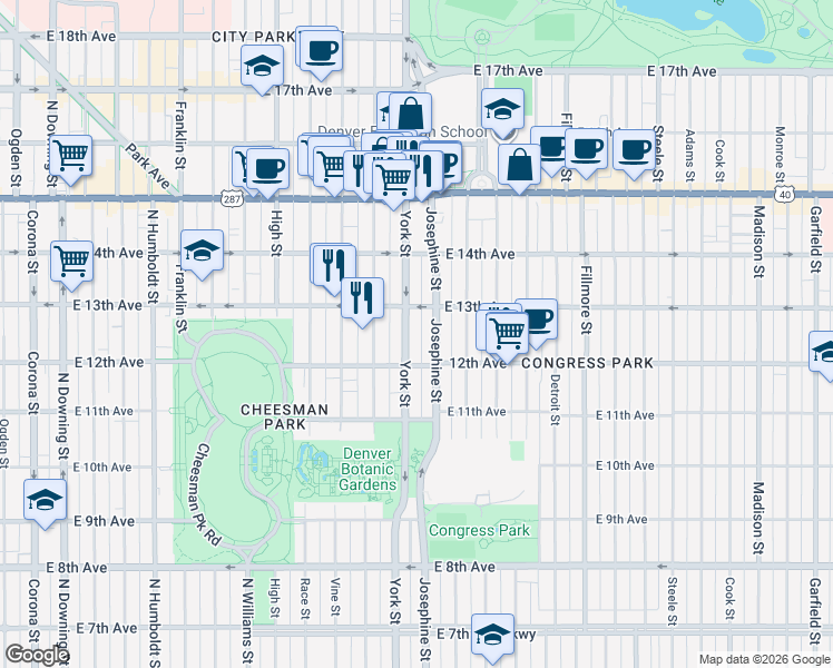 map of restaurants, bars, coffee shops, grocery stores, and more near 1260 York Street in Denver