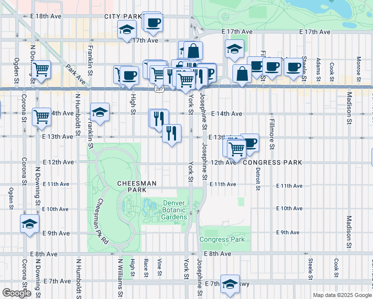 map of restaurants, bars, coffee shops, grocery stores, and more near 1260 York Street in Denver