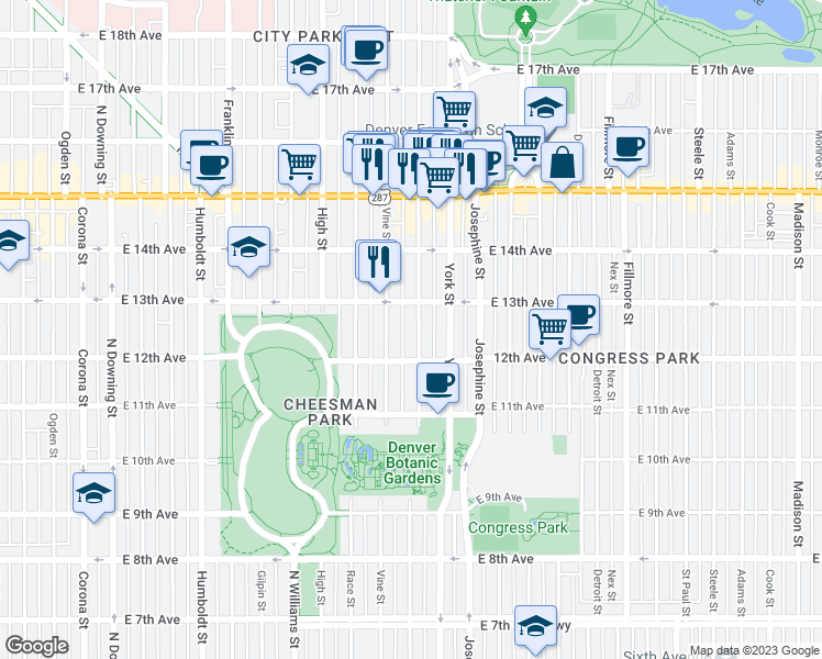 map of restaurants, bars, coffee shops, grocery stores, and more near 1272 North Gaylord Street in Denver