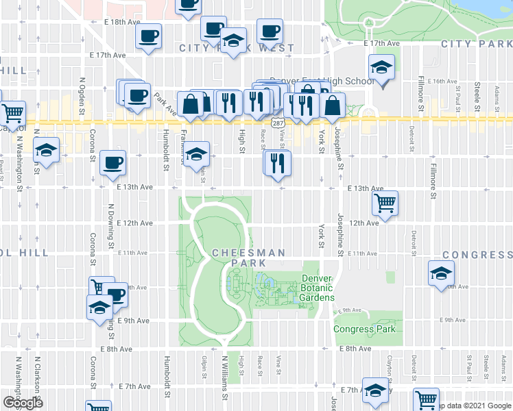 map of restaurants, bars, coffee shops, grocery stores, and more near 1920 East 13th Avenue in Denver