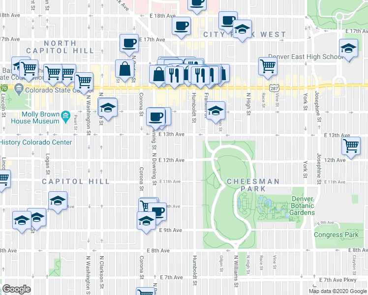 map of restaurants, bars, coffee shops, grocery stores, and more near in Denver
