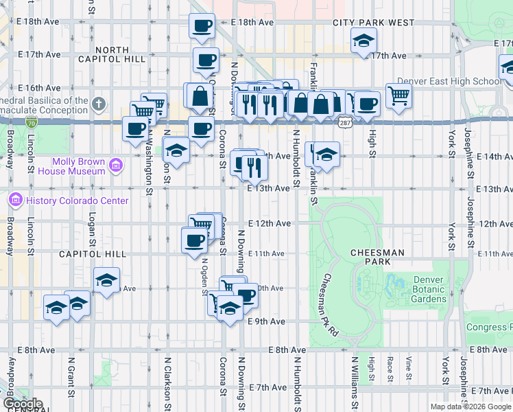 map of restaurants, bars, coffee shops, grocery stores, and more near 1270 North Marion Street in Denver