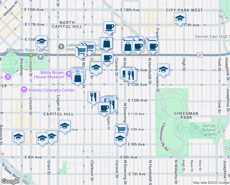 map of restaurants, bars, coffee shops, grocery stores, and more near in Denver