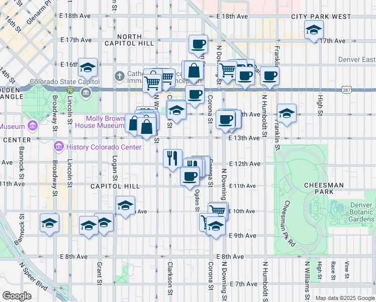 map of restaurants, bars, coffee shops, grocery stores, and more near 1244 Emerson Street in Denver