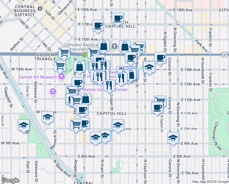 map of restaurants, bars, coffee shops, grocery stores, and more near 8100 West Quincy Avenue in Denver
