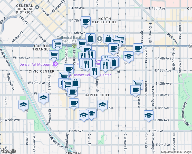 map of restaurants, bars, coffee shops, grocery stores, and more near 1250 Logan Street in Denver