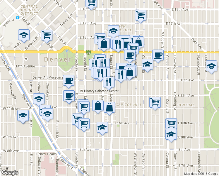 map of restaurants, bars, coffee shops, grocery stores, and more near 1250 Logan Street in Denver