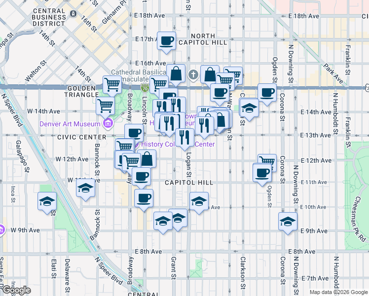 map of restaurants, bars, coffee shops, grocery stores, and more near 1245 Logan Street in Denver