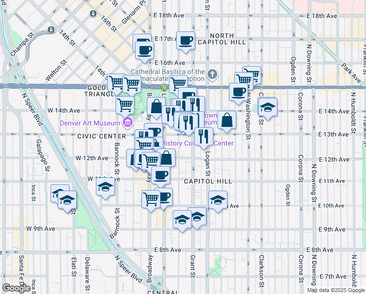 map of restaurants, bars, coffee shops, grocery stores, and more near 1240 Sherman Street in Denver