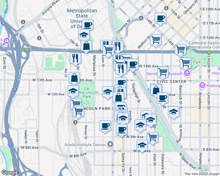 map of restaurants, bars, coffee shops, grocery stores, and more near 1266 Kalamath Street in Denver