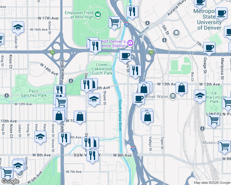 map of restaurants, bars, coffee shops, grocery stores, and more near 2506 West 13th Avenue in Denver