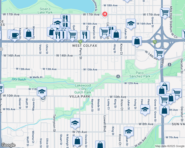 map of restaurants, bars, coffee shops, grocery stores, and more near 3848 West 13th Avenue in Denver