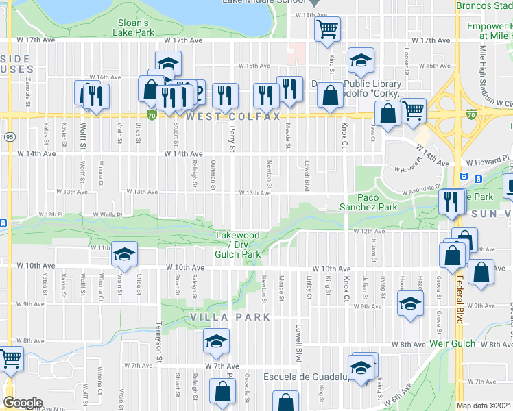 map of restaurants, bars, coffee shops, grocery stores, and more near 3848 West 13th Avenue in Denver