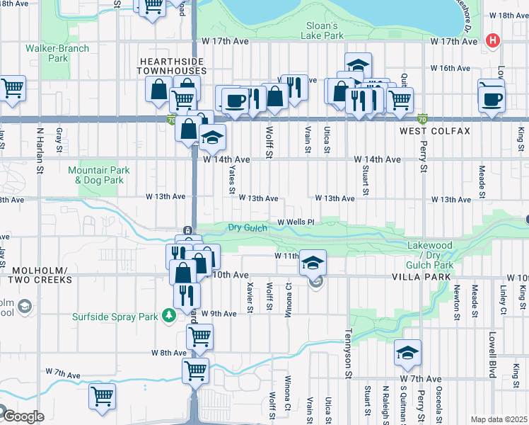 map of restaurants, bars, coffee shops, grocery stores, and more near 4860 West 13th Avenue in Denver
