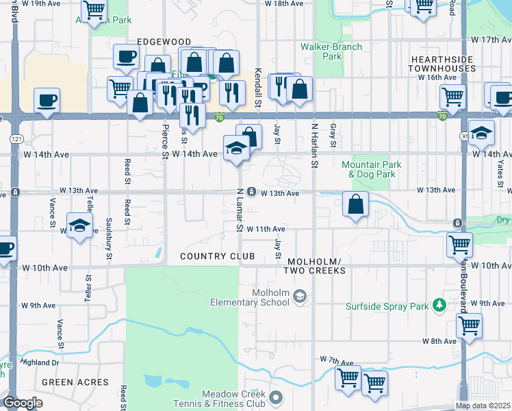 map of restaurants, bars, coffee shops, grocery stores, and more near in Lakewood