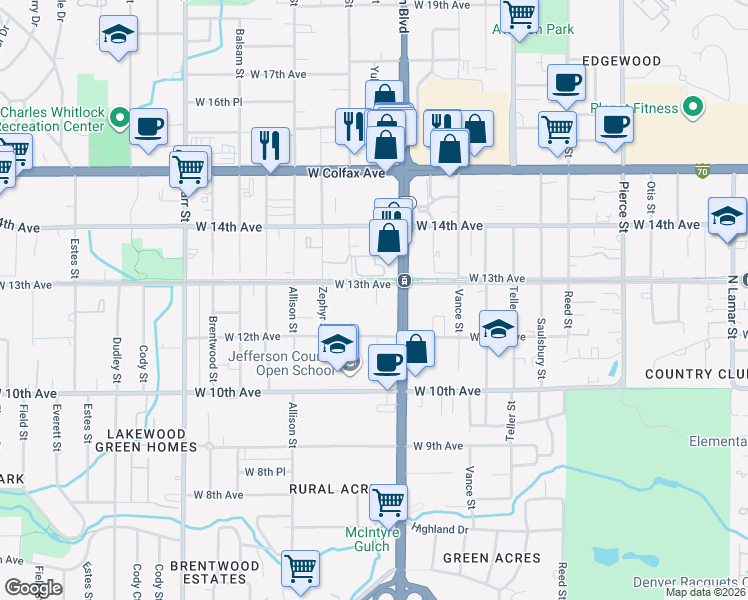map of restaurants, bars, coffee shops, grocery stores, and more near 1289 Yukon Street in Lakewood