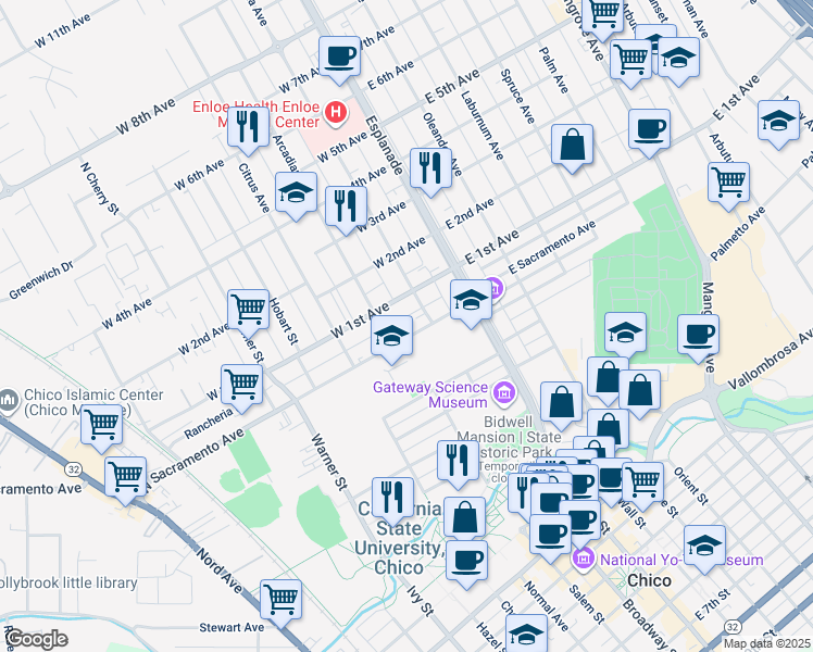 map of restaurants, bars, coffee shops, grocery stores, and more near 229 West 1st Avenue in Chico