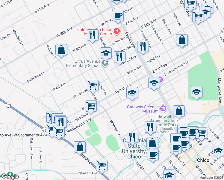map of restaurants, bars, coffee shops, grocery stores, and more near in Chico