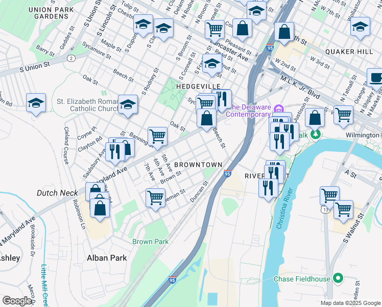 map of restaurants, bars, coffee shops, grocery stores, and more near 102 Stroud Street in Wilmington