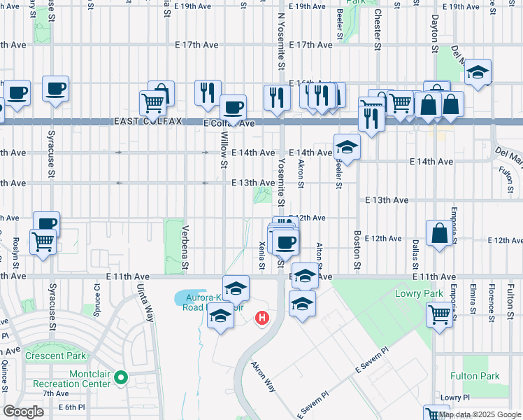 map of restaurants, bars, coffee shops, grocery stores, and more near 8805 East 12th Avenue in Denver