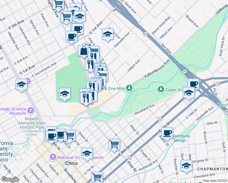 map of restaurants, bars, coffee shops, grocery stores, and more near 611 Arbutus Avenue in Chico