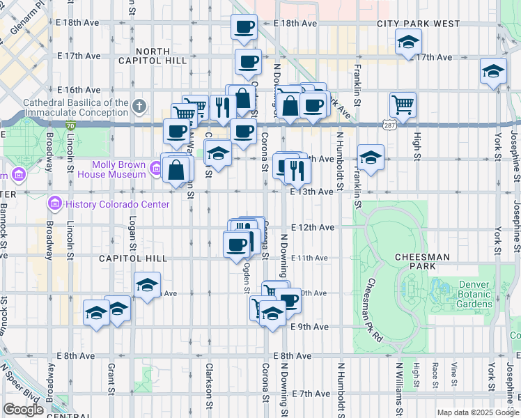 map of restaurants, bars, coffee shops, grocery stores, and more near 1275 Corona Street in Denver