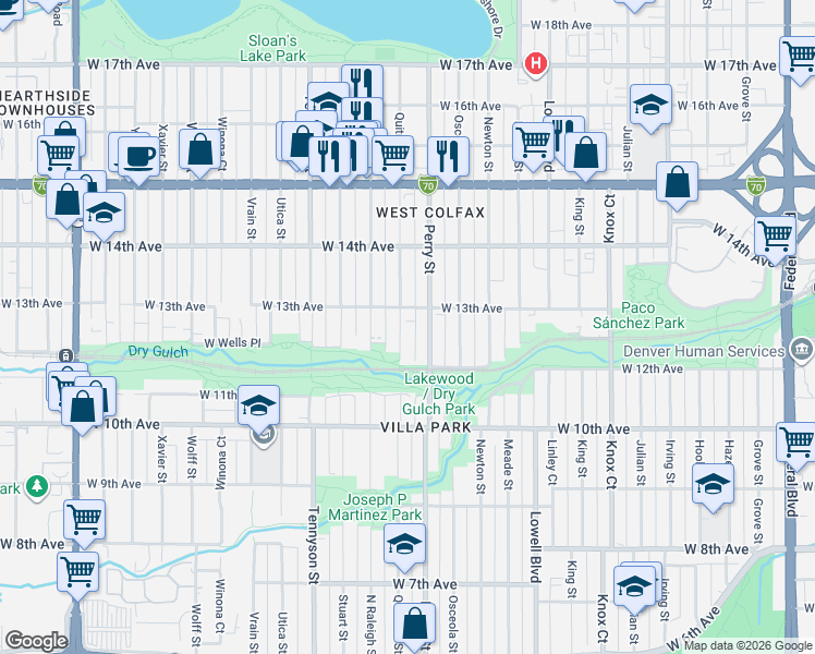 map of restaurants, bars, coffee shops, grocery stores, and more near 1295 Quitman Street in Denver