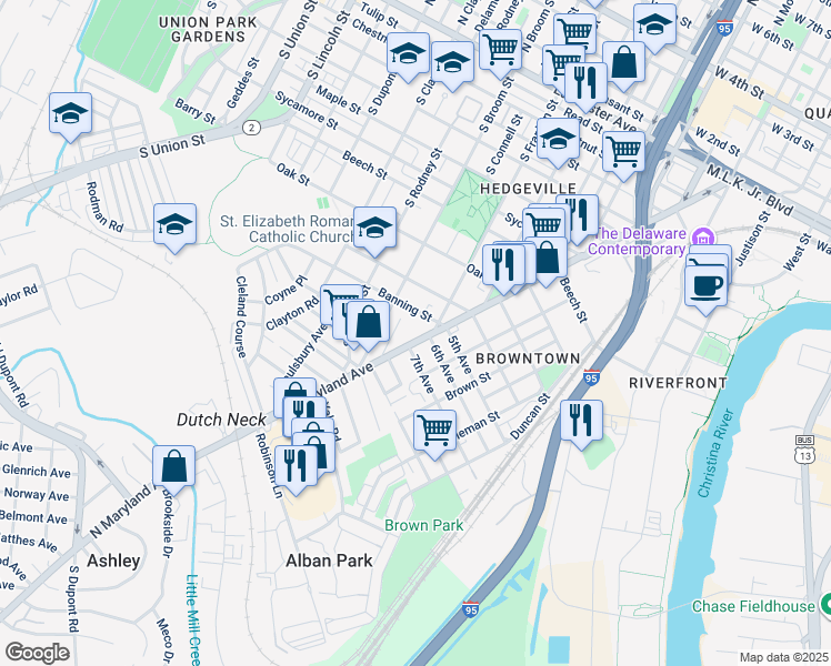 map of restaurants, bars, coffee shops, grocery stores, and more near 1319 Maryland Avenue in Wilmington