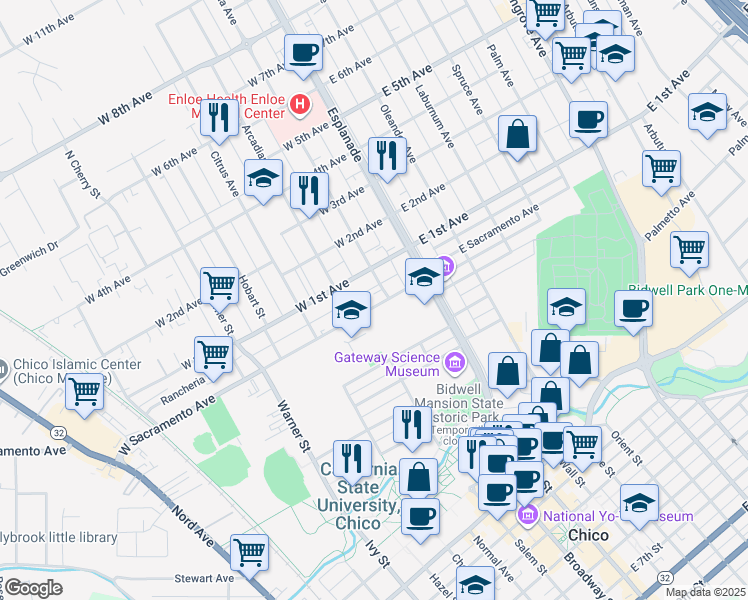 map of restaurants, bars, coffee shops, grocery stores, and more near 216 West Sacramento Avenue in Chico