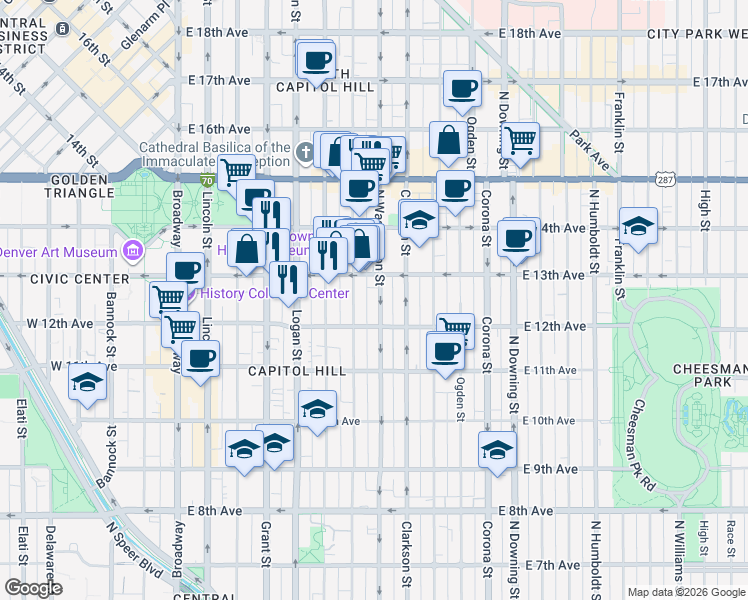 map of restaurants, bars, coffee shops, grocery stores, and more near 1275 North Washington Street in Denver