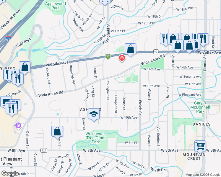 map of restaurants, bars, coffee shops, grocery stores, and more near 12765 West 11th Place in Golden