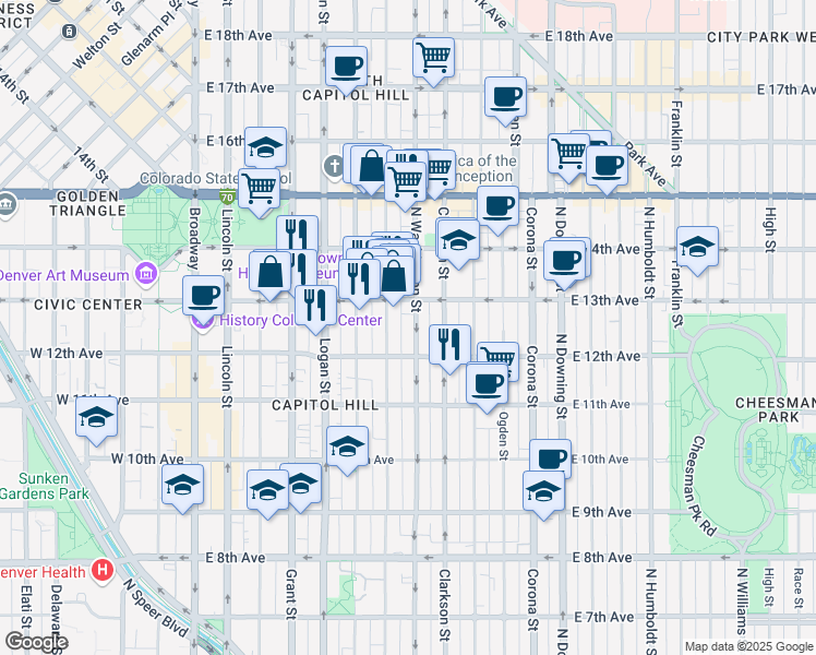 map of restaurants, bars, coffee shops, grocery stores, and more near 1243 North Washington Street in Denver