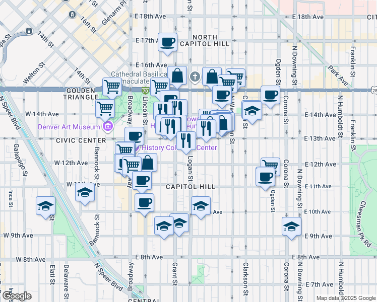 map of restaurants, bars, coffee shops, grocery stores, and more near 1250 Logan Street in Denver