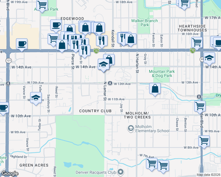 map of restaurants, bars, coffee shops, grocery stores, and more near 6300 West 13th Avenue in Lakewood