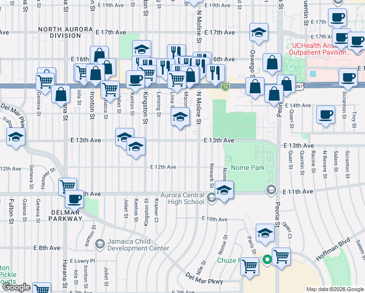 map of restaurants, bars, coffee shops, grocery stores, and more near 1300 Lima Street in Aurora