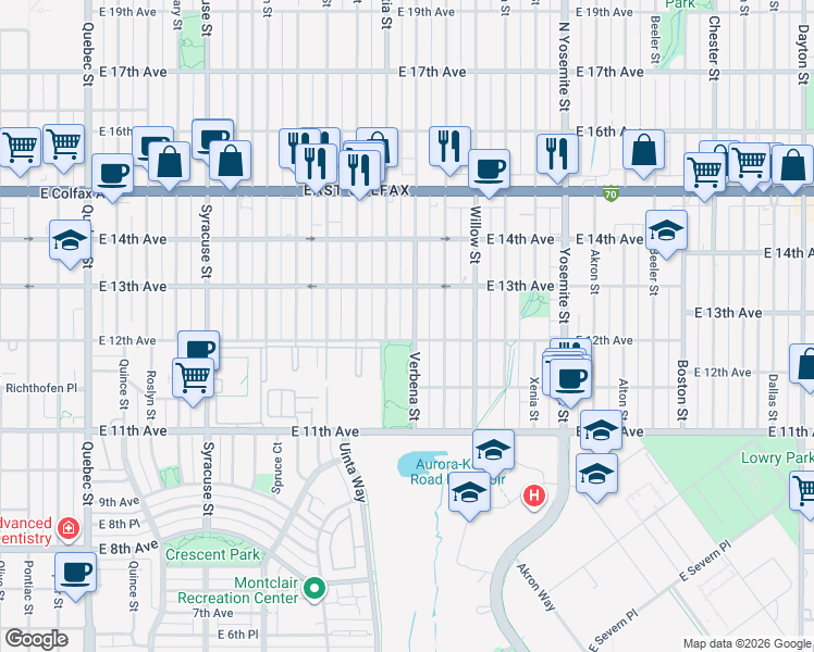 map of restaurants, bars, coffee shops, grocery stores, and more near 1240 Verbena Street in Denver