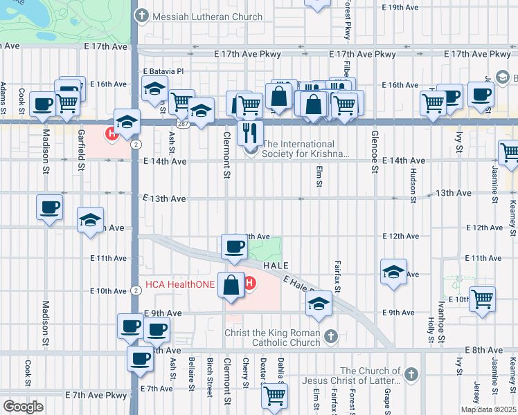 map of restaurants, bars, coffee shops, grocery stores, and more near 1294 Dexter Street in Denver