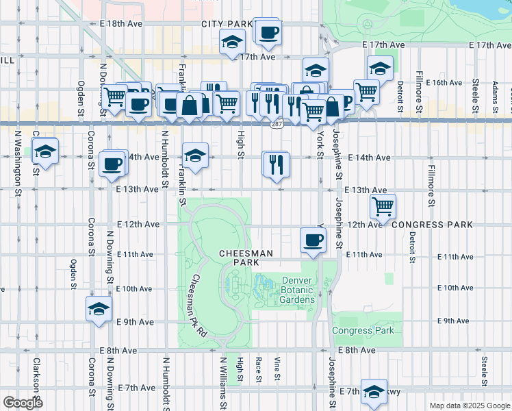 map of restaurants, bars, coffee shops, grocery stores, and more near 1255 Race Street in Denver