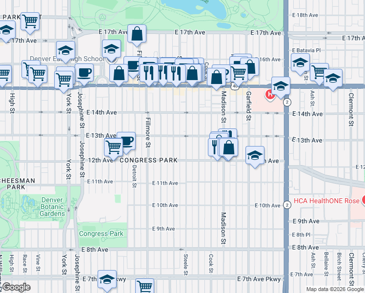 map of restaurants, bars, coffee shops, grocery stores, and more near 1266 Saint Paul Street in Denver