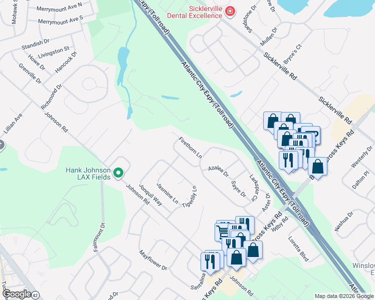 map of restaurants, bars, coffee shops, grocery stores, and more near 9 Firethorn Lane in Sicklerville