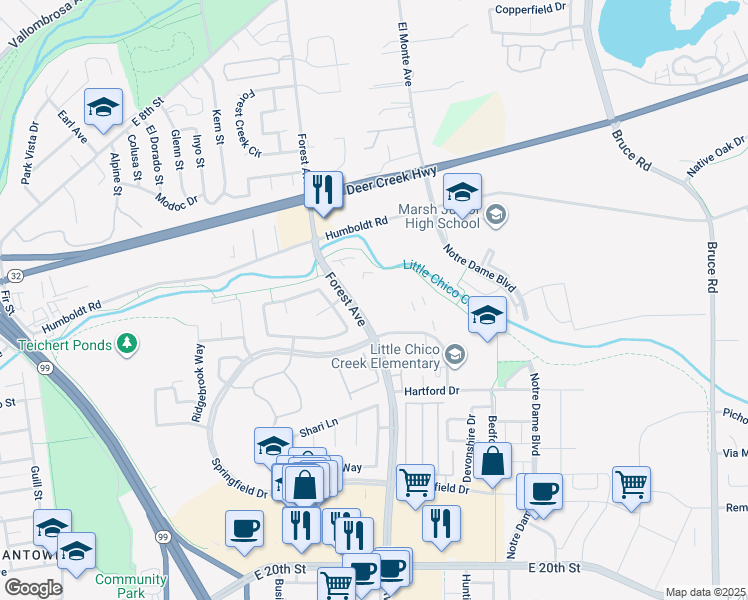 map of restaurants, bars, coffee shops, grocery stores, and more near 1661 Forest Avenue in Chico